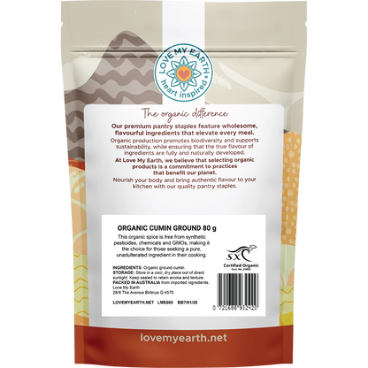 Back of Love My Earth Organic Cumin Ground 80g pouch showing ingredients, organic certification, and barcode.