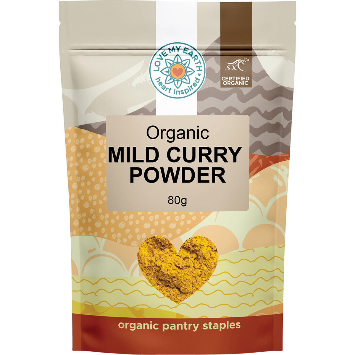 80g bag of Love My Earth Organic Mild Curry Powder with a brown and orange label and illustrated spice bowl.