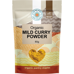 80g bag of Love My Earth Organic Mild Curry Powder with a brown and orange label and illustrated spice bowl.