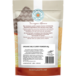 Back of Love My Earth Organic Mild Curry Powder 80g bag showing ingredients, serving suggestions, and barcode.