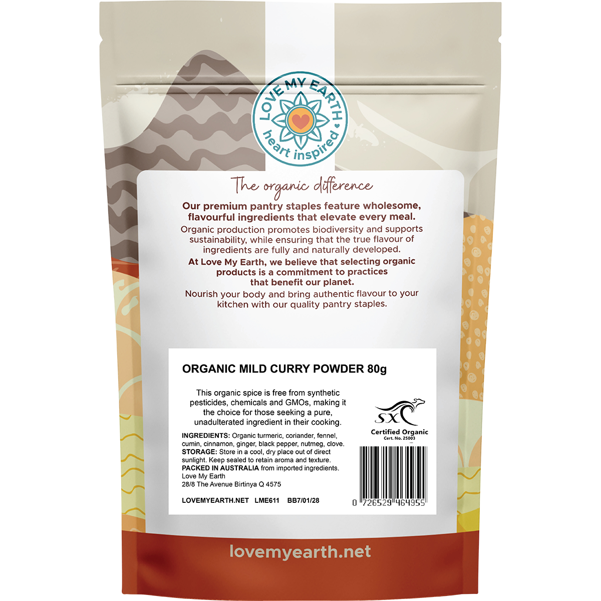 Back of Love My Earth Organic Mild Curry Powder 80g bag showing ingredients, serving suggestions, and barcode.