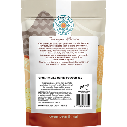 Back of Love My Earth Organic Mild Curry Powder 80g bag showing ingredients, serving suggestions, and barcode.
