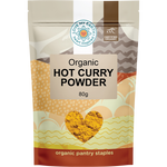80g pouch of Love My Earth Organic Hot Curry Powder with a vibrant red label and gold accents.