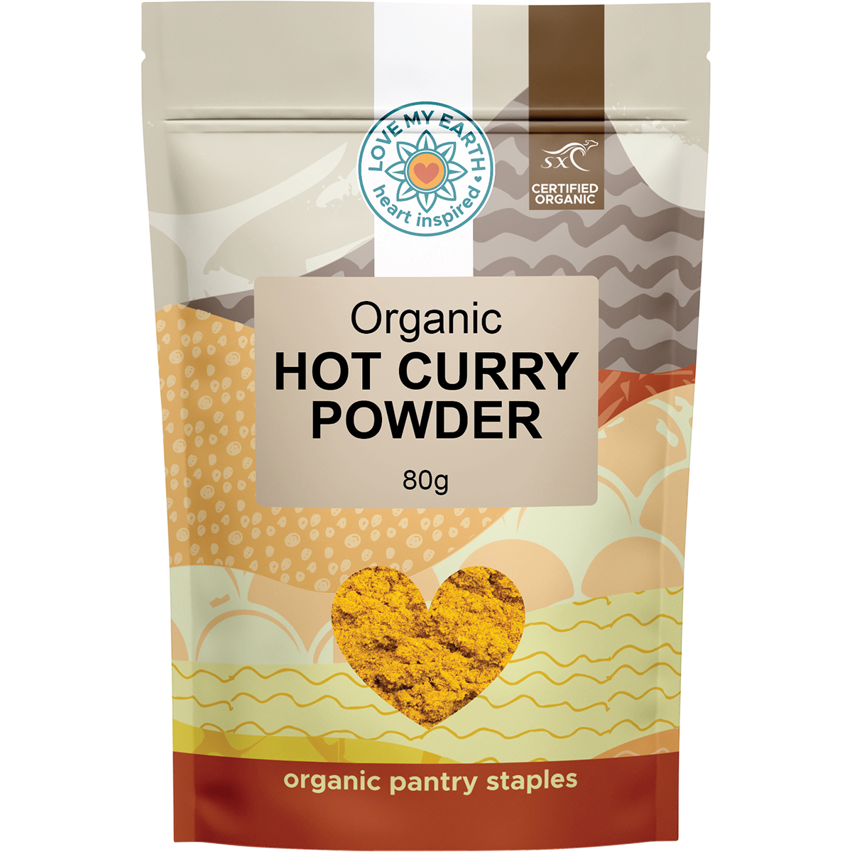 80g pouch of Love My Earth Organic Hot Curry Powder with a vibrant red label and gold accents.