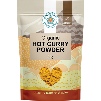 80g pouch of Love My Earth Organic Hot Curry Powder with a vibrant red label and gold accents.
