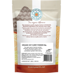 Back of Love My Earth Organic Hot Curry Powder pouch showing ingredients, organic certification, and barcode.
