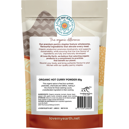 Back of Love My Earth Organic Hot Curry Powder pouch showing ingredients, organic certification, and barcode.
