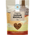 80g pouch of Love My Earth Organic Garam Masala featuring a purple design and Indian spice patterns.