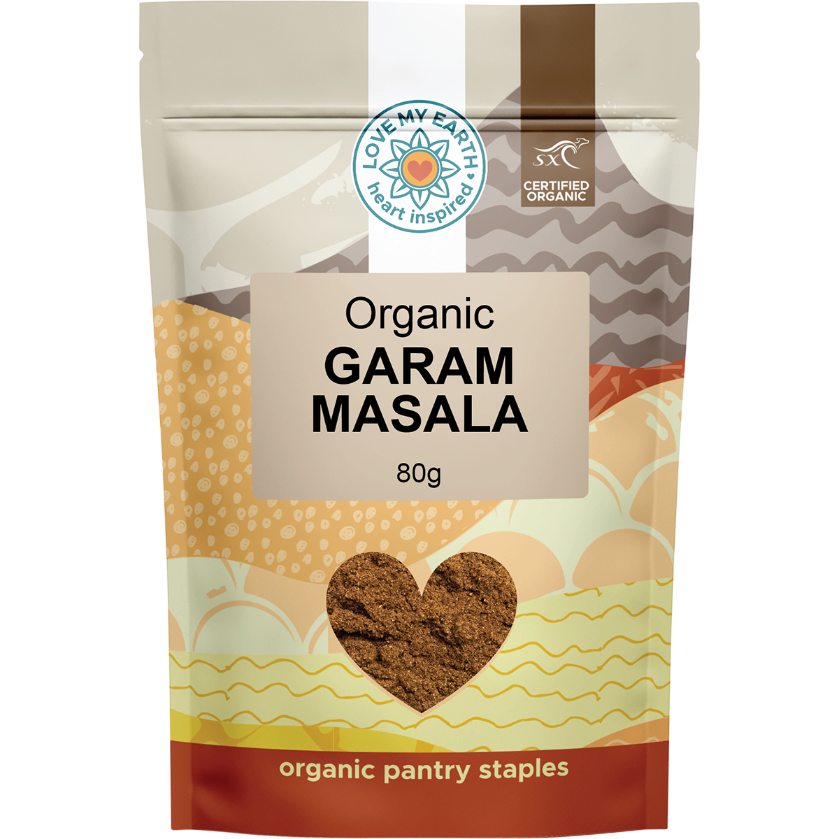 80g pouch of Love My Earth Organic Garam Masala featuring a purple design and Indian spice patterns.