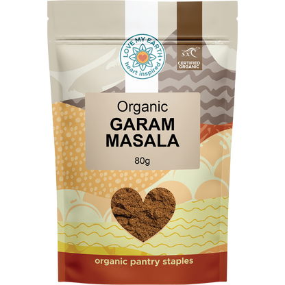 80g pouch of Love My Earth Organic Garam Masala featuring a purple design and Indian spice patterns.