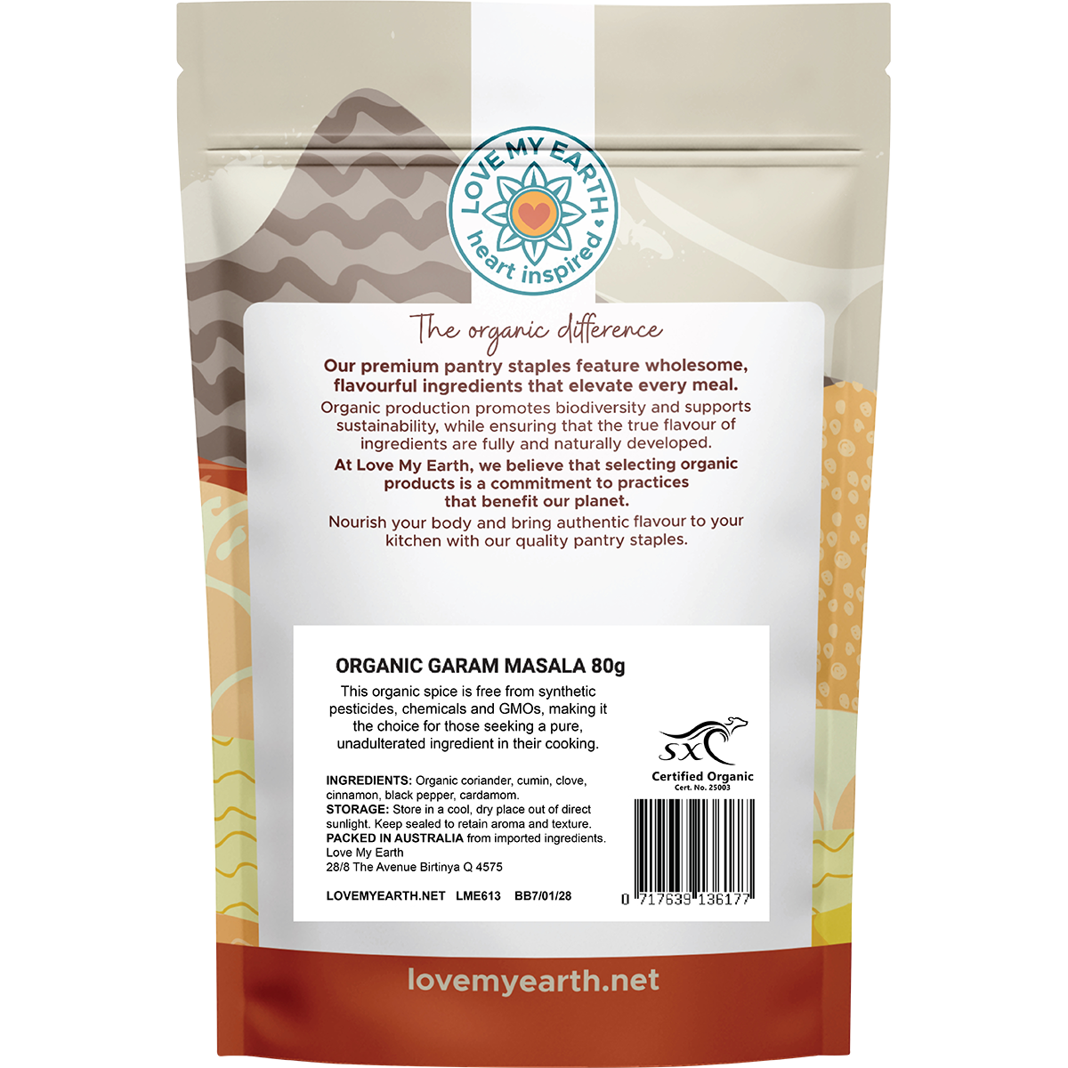 Back of Love My Earth Organic Garam Masala pouch with ingredients, spice benefits, and cooking suggestions.