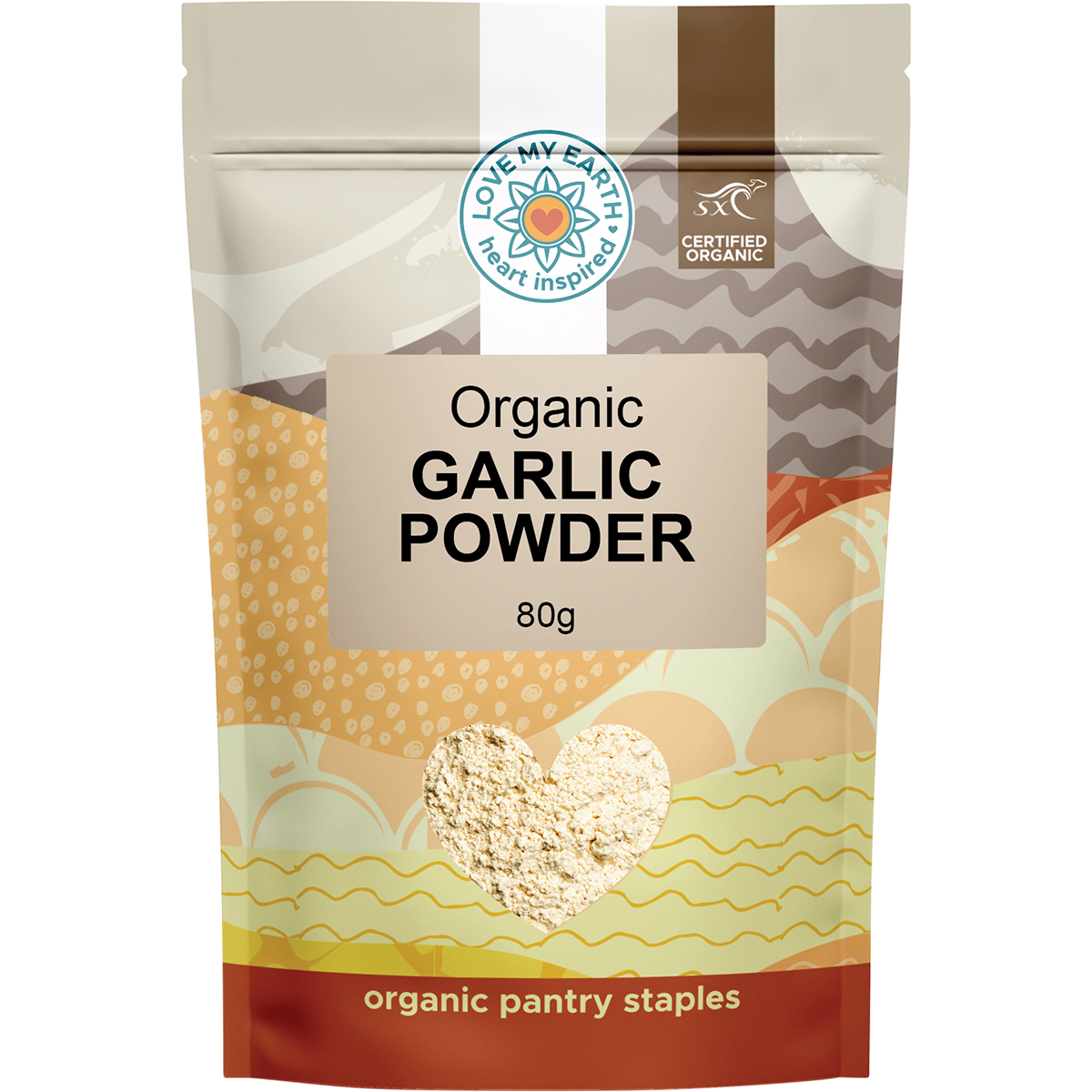 White 80g pouch of Love My Earth Organic Garlic Powder with a simple black and white label.