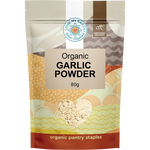 White 80g pouch of Love My Earth Organic Garlic Powder with a simple black and white label.