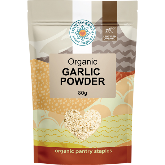 White 80g pouch of Love My Earth Organic Garlic Powder with a simple black and white label.