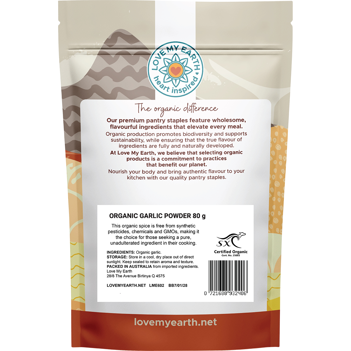 Back of white Love My Earth Organic Garlic Powder pouch showing ingredients, barcode, and product information.