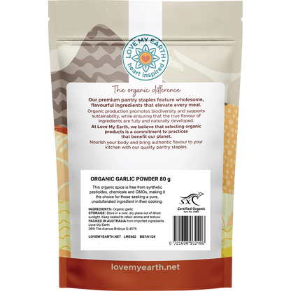 Back of white Love My Earth Organic Garlic Powder pouch showing ingredients, barcode, and product information.