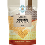 80g white pouch of Love My Earth Organic Ginger Ground with a green and orange label.