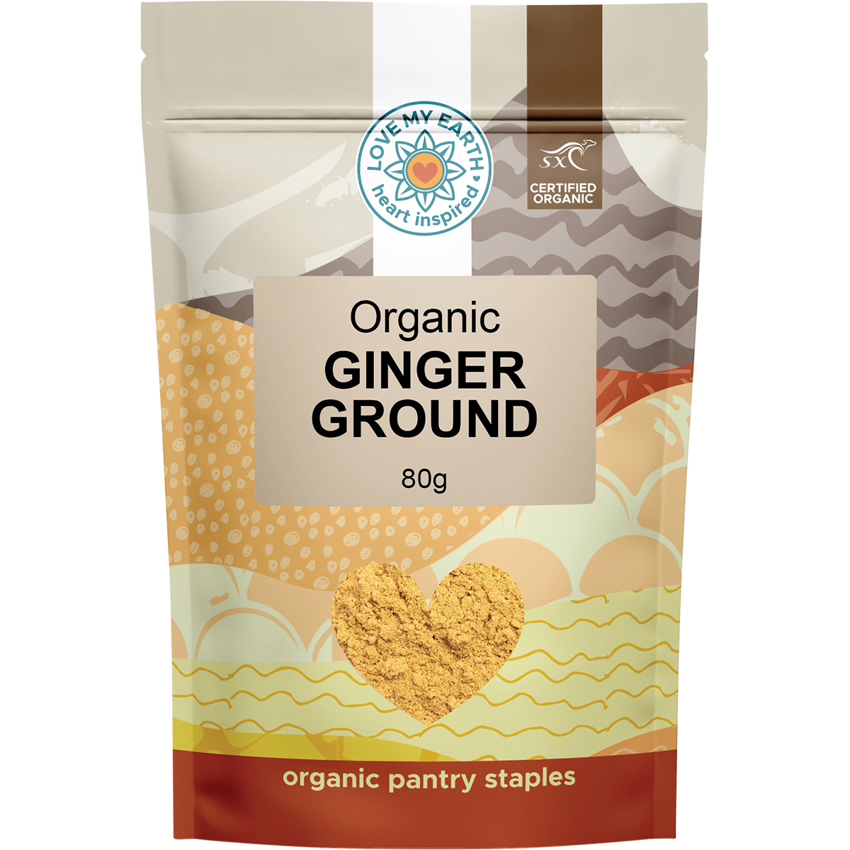 80g white pouch of Love My Earth Organic Ginger Ground with a green and orange label.