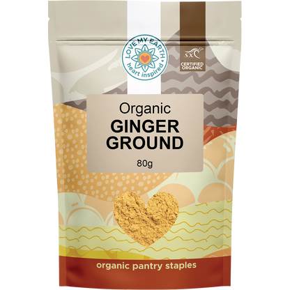 80g white pouch of Love My Earth Organic Ginger Ground with a green and orange label.