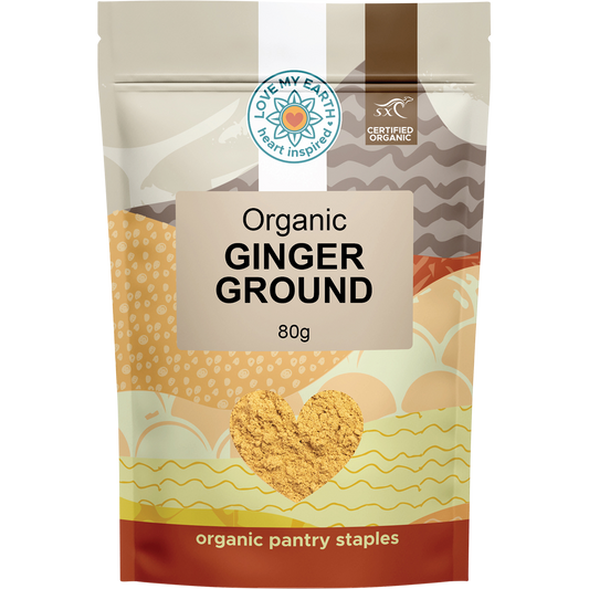 80g white pouch of Love My Earth Organic Ginger Ground with a green and orange label.