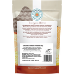 Back of Love My Earth Organic Ginger Ground pouch showing ingredients, nutrition facts, and barcode.