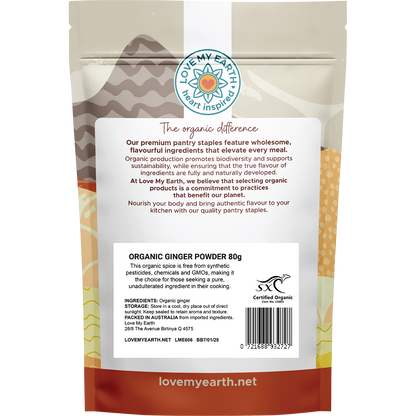 Back of Love My Earth Organic Ginger Ground pouch showing ingredients, nutrition facts, and barcode.