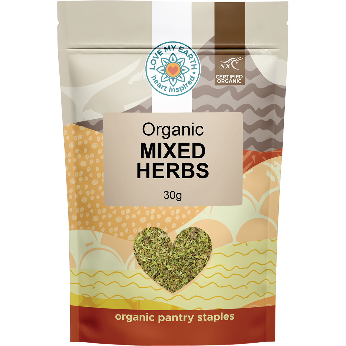 30g pouch of Love My Earth Organic Mixed Herbs featuring a green label with images of dried herbs and a black cap.