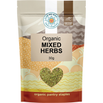 30g pouch of Love My Earth Organic Mixed Herbs featuring a green label with images of dried herbs and a black cap.