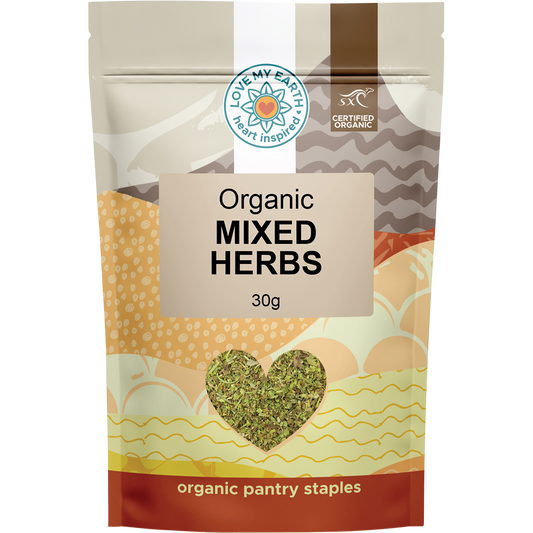 30g pouch of Love My Earth Organic Mixed Herbs featuring a green label with images of dried herbs and a black cap.