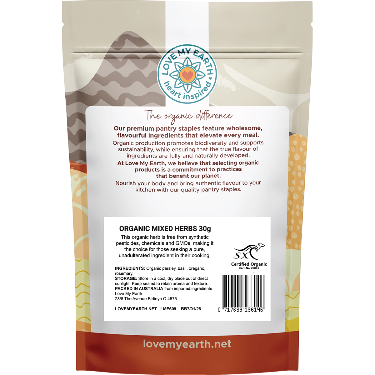 Back of Love My Earth Organic Mixed Herbs pouch showing ingredients, barcode, and product details.