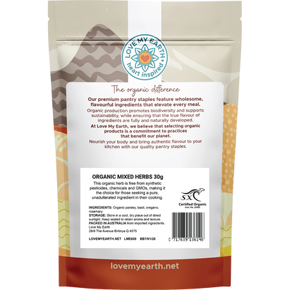 Back of Love My Earth Organic Mixed Herbs pouch showing ingredients, barcode, and product details.