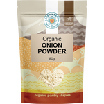 80g pouch of Love My Earth Organic Onion Powder with a white label and brown paper-style packaging.