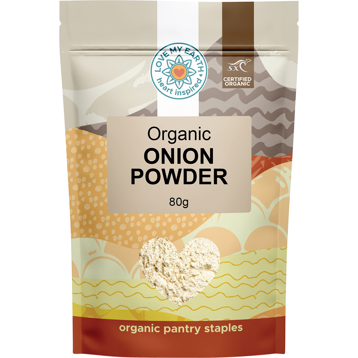 80g pouch of Love My Earth Organic Onion Powder with a white label and brown paper-style packaging.