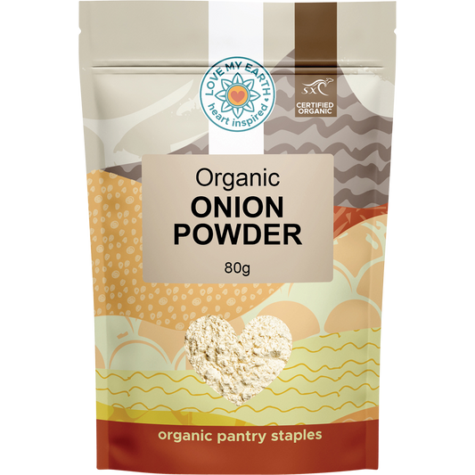 80g pouch of Love My Earth Organic Onion Powder with a white label and brown paper-style packaging.