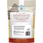 Back of Love My Earth Organic Onion Powder 80g pouch showing ingredients, barcode, and usage directions.