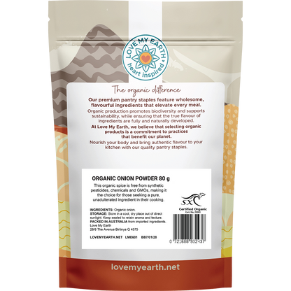 Back of Love My Earth Organic Onion Powder 80g pouch showing ingredients, barcode, and usage directions.