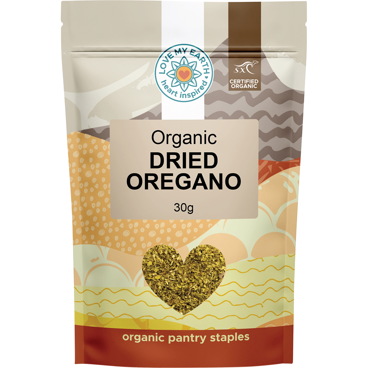 30g white pouch of Love My Earth Organic Dried Oregano with green and brown text and organic logos.