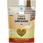 30g white pouch of Love My Earth Organic Dried Oregano with green and brown text and organic logos.