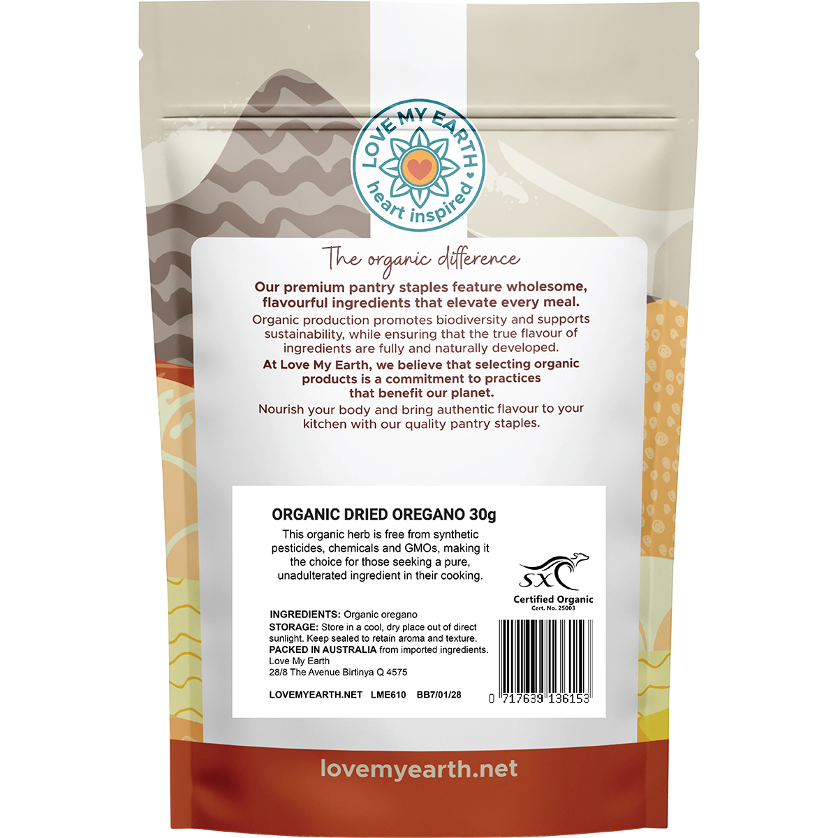 Back of Love My Earth Organic Dried Oregano 30g pouch showing ingredients, barcode, and product details.