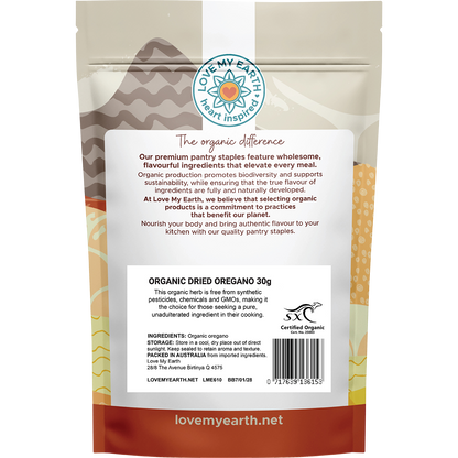 Back of Love My Earth Organic Dried Oregano 30g pouch showing ingredients, barcode, and product details.