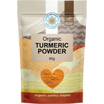 80g white pouch of Love My Earth Organic Turmeric Powder with a golden-yellow label and circular brand logo.