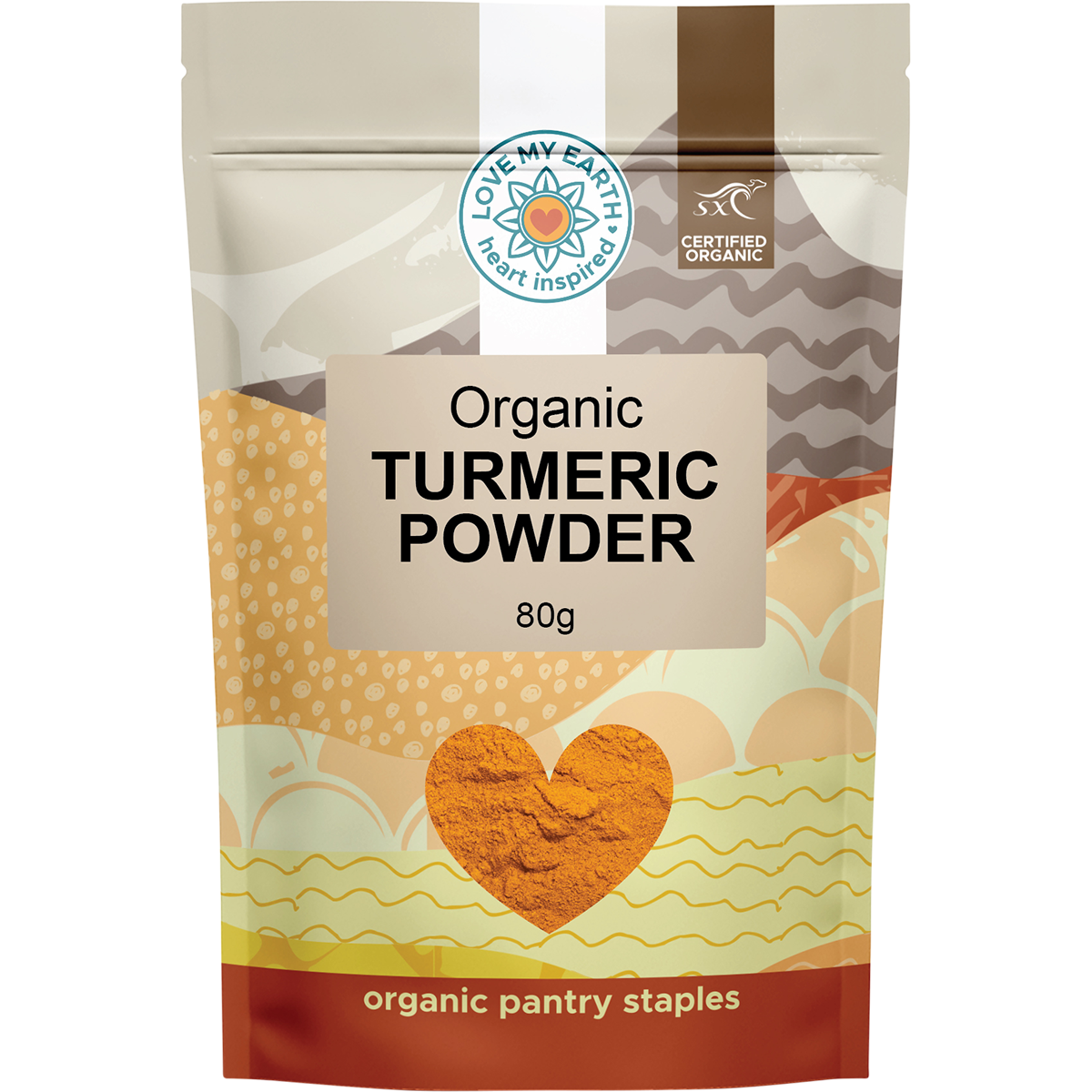 80g white pouch of Love My Earth Organic Turmeric Powder with a golden-yellow label and circular brand logo.