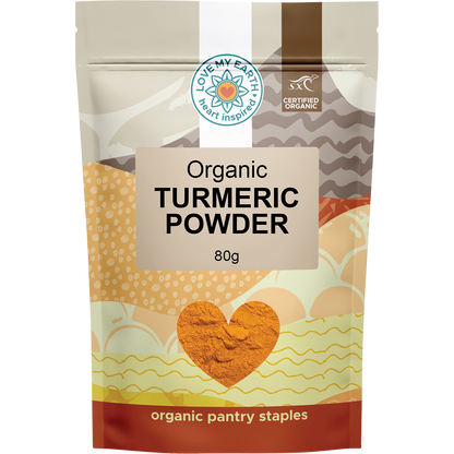 80g white pouch of Love My Earth Organic Turmeric Powder with a golden-yellow label and circular brand logo.
