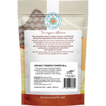 Back of white Love My Earth Turmeric Powder pouch showing ingredients, nutritional info, and barcode.