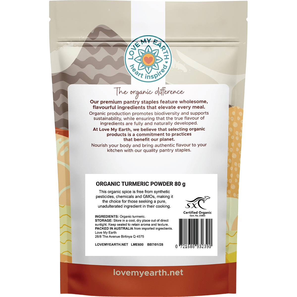 Back of white Love My Earth Turmeric Powder pouch showing ingredients, nutritional info, and barcode.