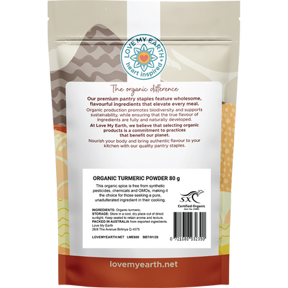 Back of white Love My Earth Turmeric Powder pouch showing ingredients, nutritional info, and barcode.