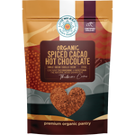 Love My Earth 225g Organic Spiced Cacao Hot Chocolate pouch with cinnamon and ginger icons on a white background.