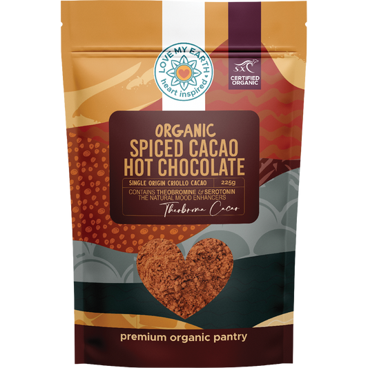 Love My Earth 225g Organic Spiced Cacao Hot Chocolate pouch with cinnamon and ginger icons on a white background.