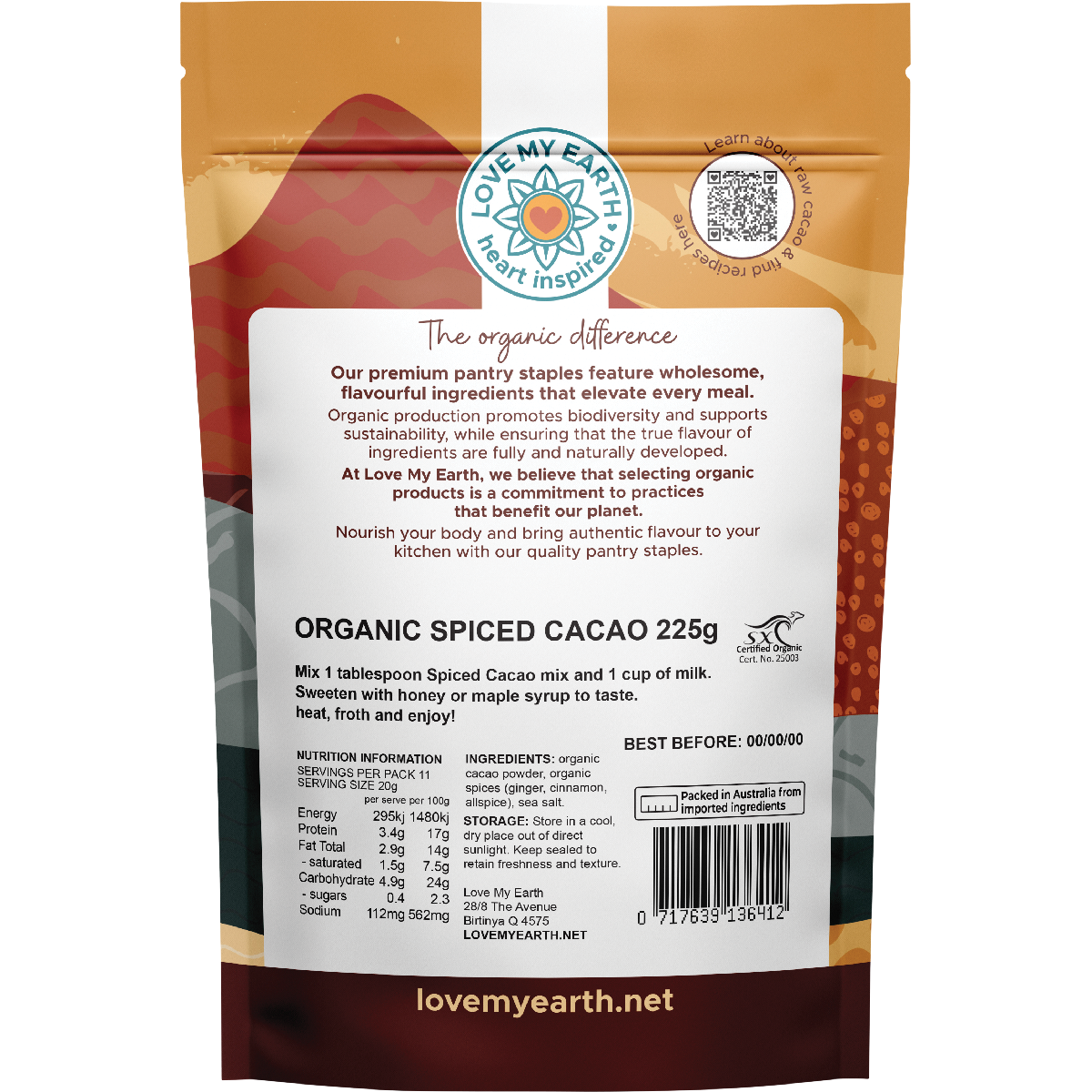 Love My Earth Organic Spiced Cacao Hot Chocolate 225g
