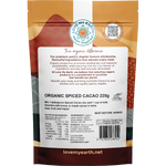 Back of Love My Earth 225g Spiced Cacao pouch showing ingredients and cooking instructions on a white background.